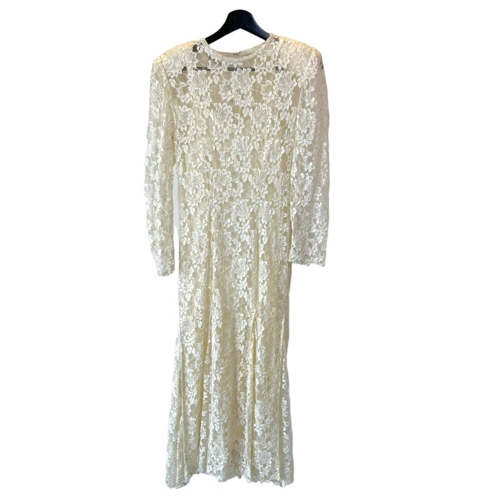 Vintage 90s Scala Cream Lace Sequin Long Sleeve Full Length Dress Small - Picture 1 of 12